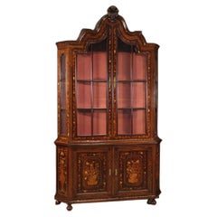 Retro 20th Century Inlaid Wood Dutch Display Cabinet Vitrine, 1970s