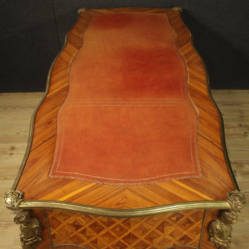 20th Century Inlaid Wood Faux Leather Top French Louis XV Style Writing Desk For Sale 7