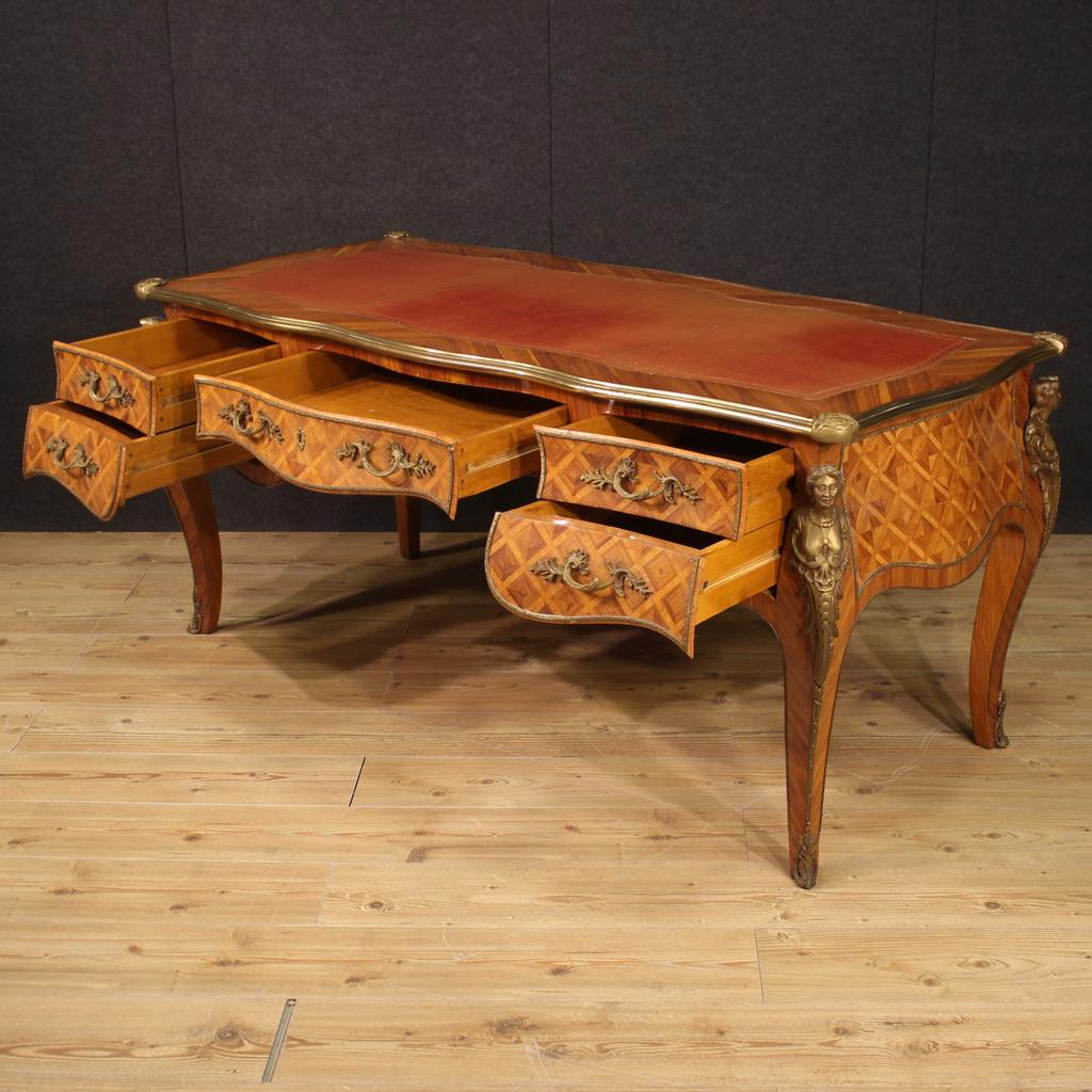 20th Century Inlaid Wood Faux Leather Top French Louis XV Style Writing Desk For Sale 1