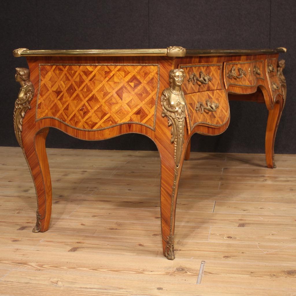 20th Century Inlaid Wood Faux Leather Top French Louis XV Style Writing Desk For Sale 4