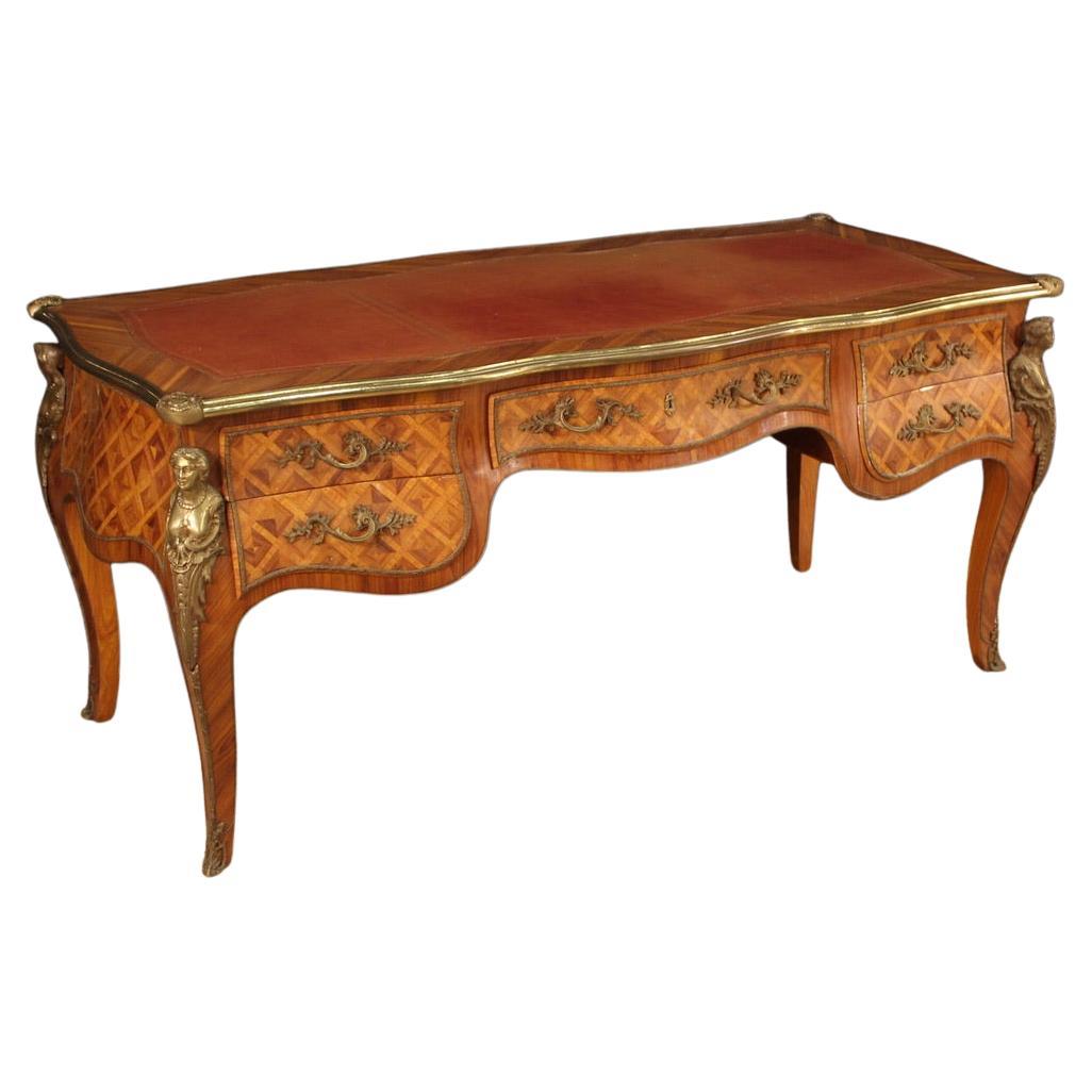 20th Century Inlaid Wood Faux Leather Top French Louis XV Style Writing Desk For Sale