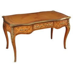 20th Century Inlaid Wood Faux Leather Top French Napoleon III Style Writing Desk Desk
