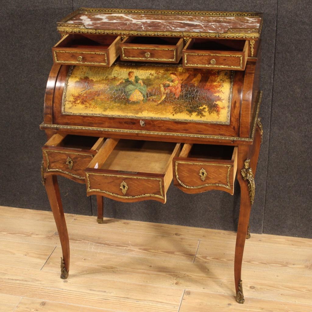 20th Century Inlaid Wood French Napoleon III Style Roll-Top Bureau Desk, 1920 In Fair Condition In Vicoforte, Piedmont