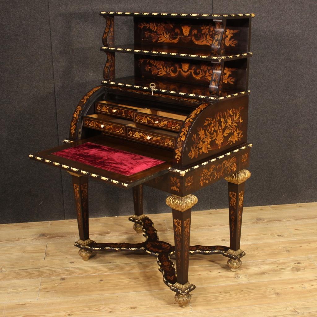 20th Century Inlaid Wood French Napoleon III Style Roll-Top Desk, 1920 For Sale 1