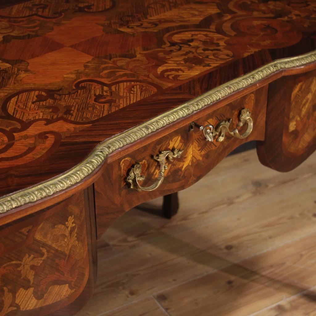 20th Century Inlaid Wood Gold Bronze French Louis XV Style Writing Desk, 1960s For Sale 6
