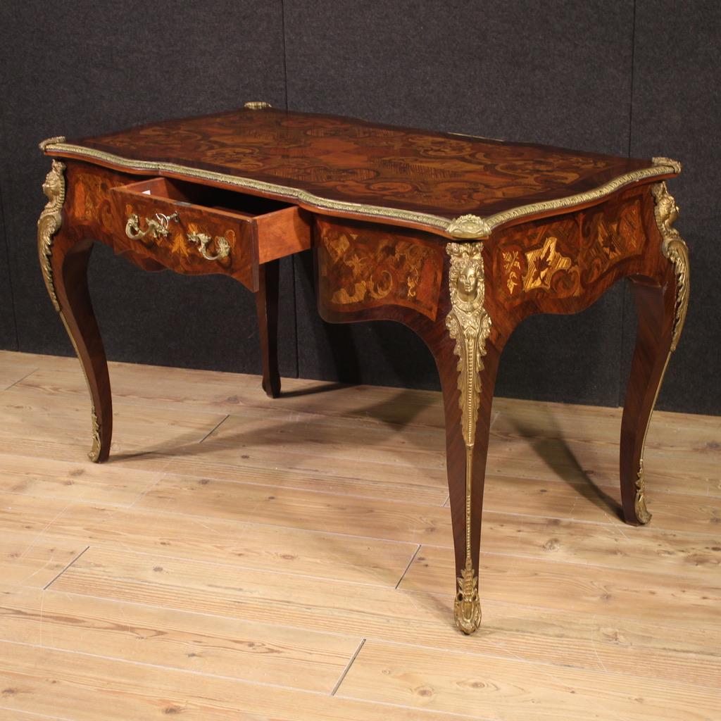 20th Century Inlaid Wood Gold Bronze French Louis XV Style Writing Desk, 1960s For Sale 8