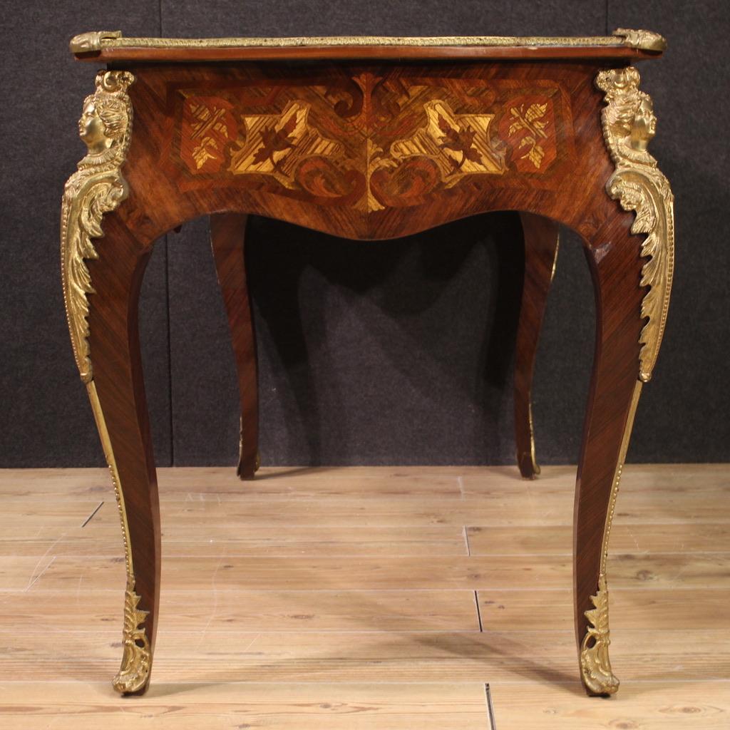 20th Century Inlaid Wood Gold Bronze French Louis XV Style Writing Desk, 1960s For Sale 1