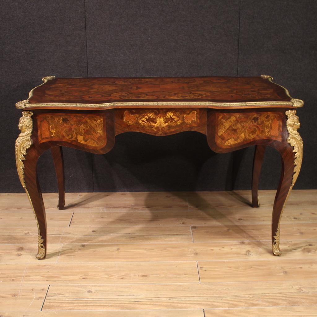 20th Century Inlaid Wood Gold Bronze French Louis XV Style Writing Desk, 1960s For Sale 2