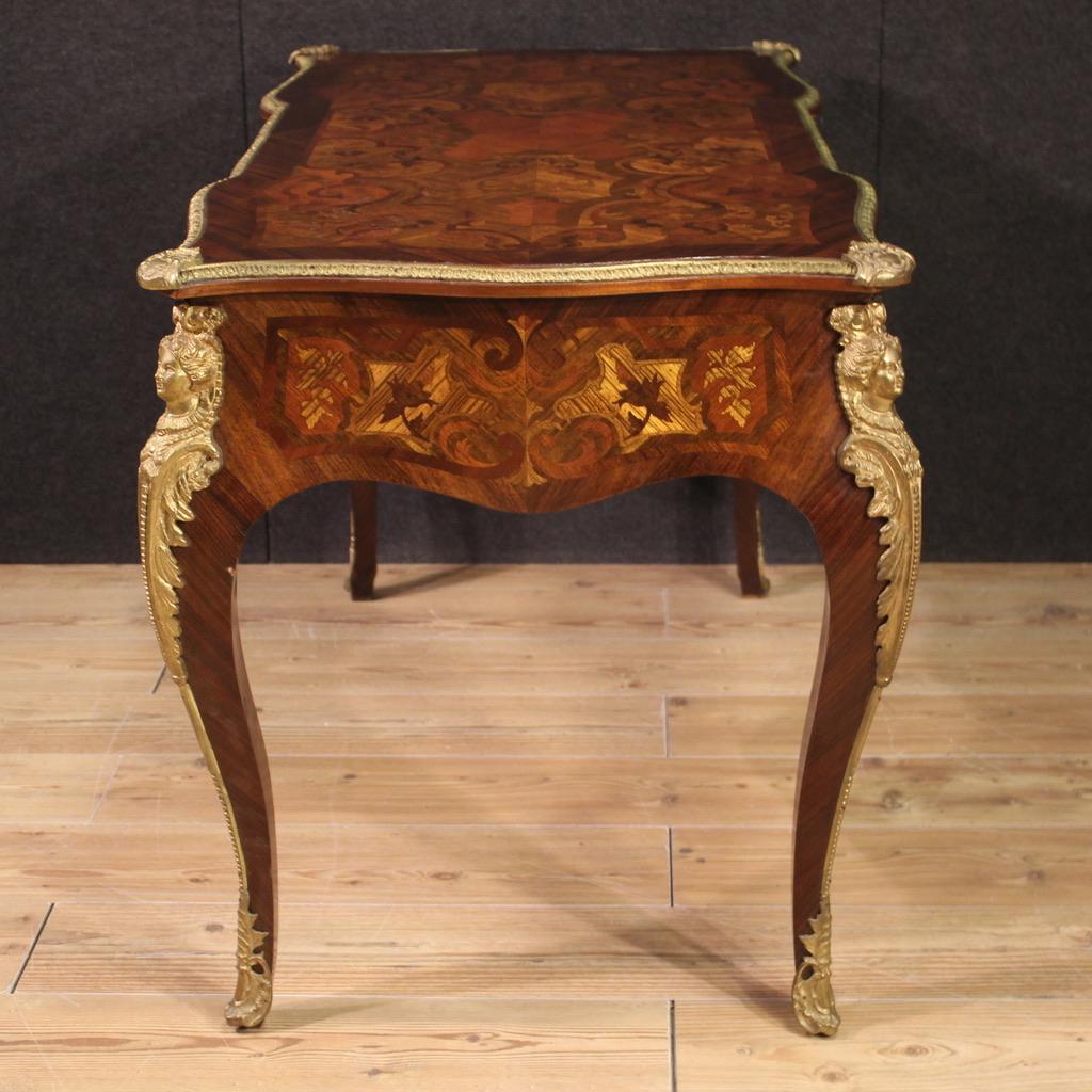 20th Century Inlaid Wood Gold Bronze French Louis XV Style Writing Desk, 1960s For Sale 5