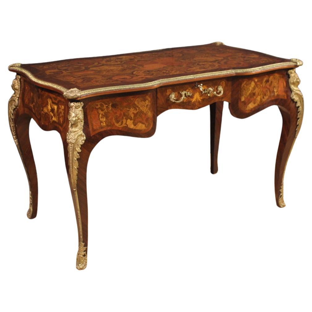 20th Century Inlaid Wood Gold Bronze French Louis XV Style Writing Desk, 1960s For Sale