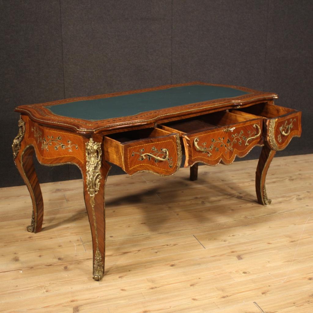 20th Century Inlaid Wood Gold Bronze Italian Napoleon III Style Writing Desk For Sale 1