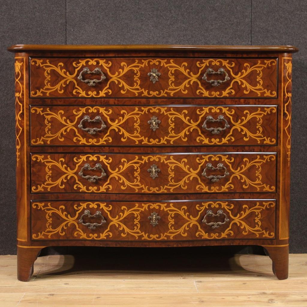 Piedmontese chest of drawers from 20th century. Furniture in antique Louis XIV style of excellent quality inlaid in walnut, burl, maple, beech and fruitwood. Dresser with four drawers with ebonized edges, of good capacity, each with a working key.