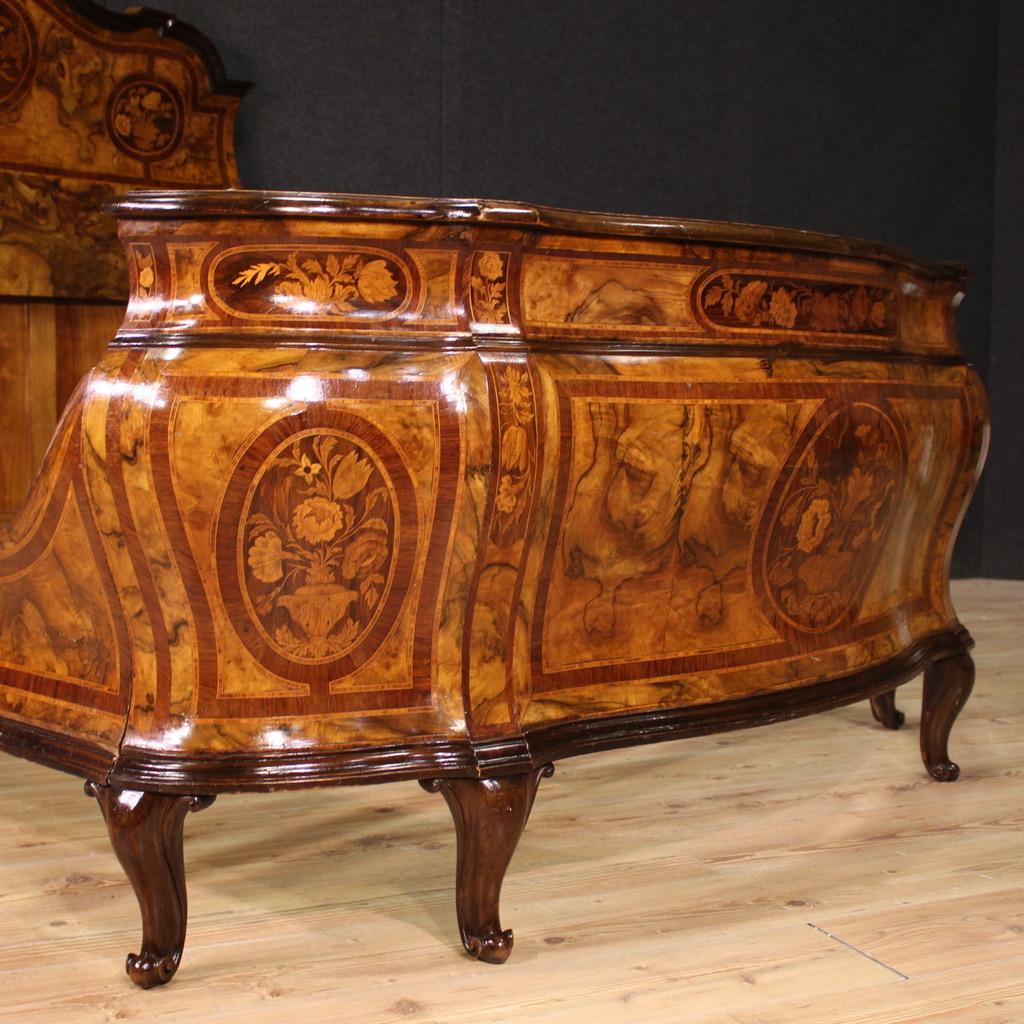 Bois 20th Century Inlaid Wood Italian Louis XV Style Double Bed Frame, 1950 en vente
