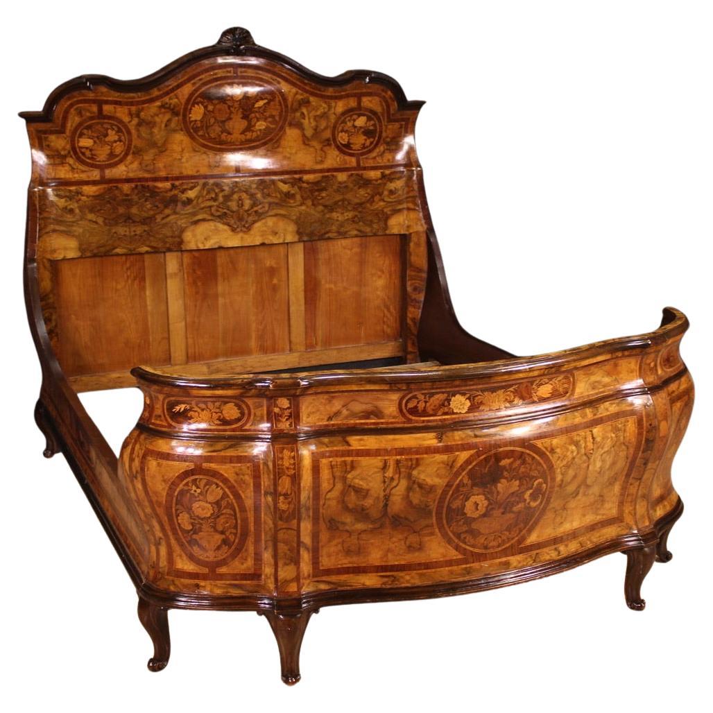 20th Century Inlaid Wood Italian Louis XV Style Double Bed Frame, 1950