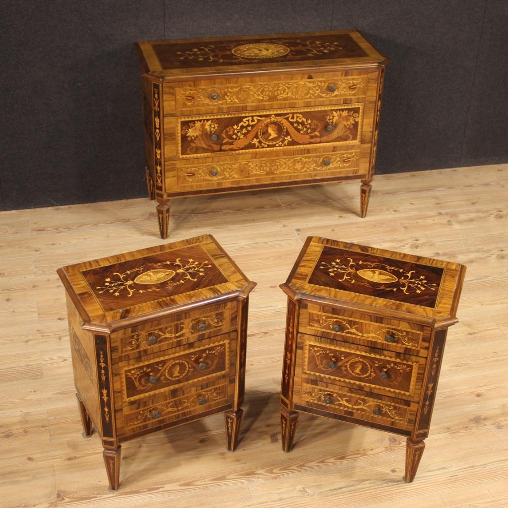 Italian dresser from 20th century. Furniture in Louis XVI style of great quality and character richly veneered and inlaid in walnut, rosewood, maple, boxwood, olive and fruit woods. Chest of drawers equipped with three front drawers of excellent