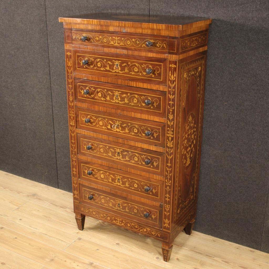 20th Century Inlaid Wood Italian Louis XVI Style Tallboy Commode, 1950 In Fair Condition In Vicoforte, Piedmont