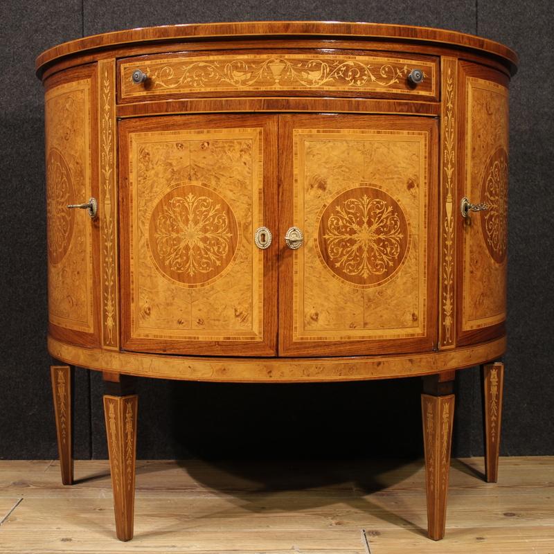 20th Century Inlaid Wood Louis XVI Style Italian Half Moon Sideboard, 1970s In Good Condition For Sale In Vicoforte, Piedmont