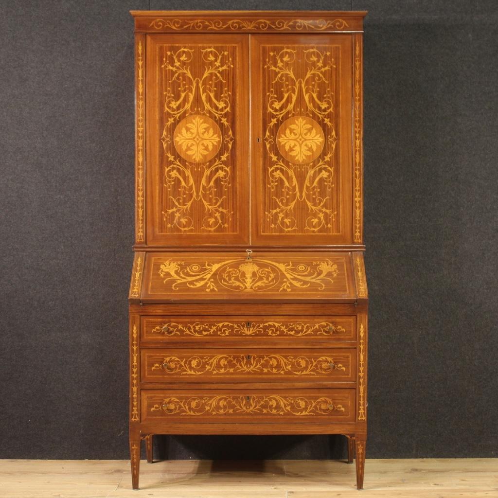 Elegant 20th century Italian trumeau. Furniture of beautiful line and pleasant Louis XVI style furniture inlaid in walnut, rosewood, maple, mahogany and fruitwood. Double body trumeau with three drawers and fall-front in the lower part. Inside of