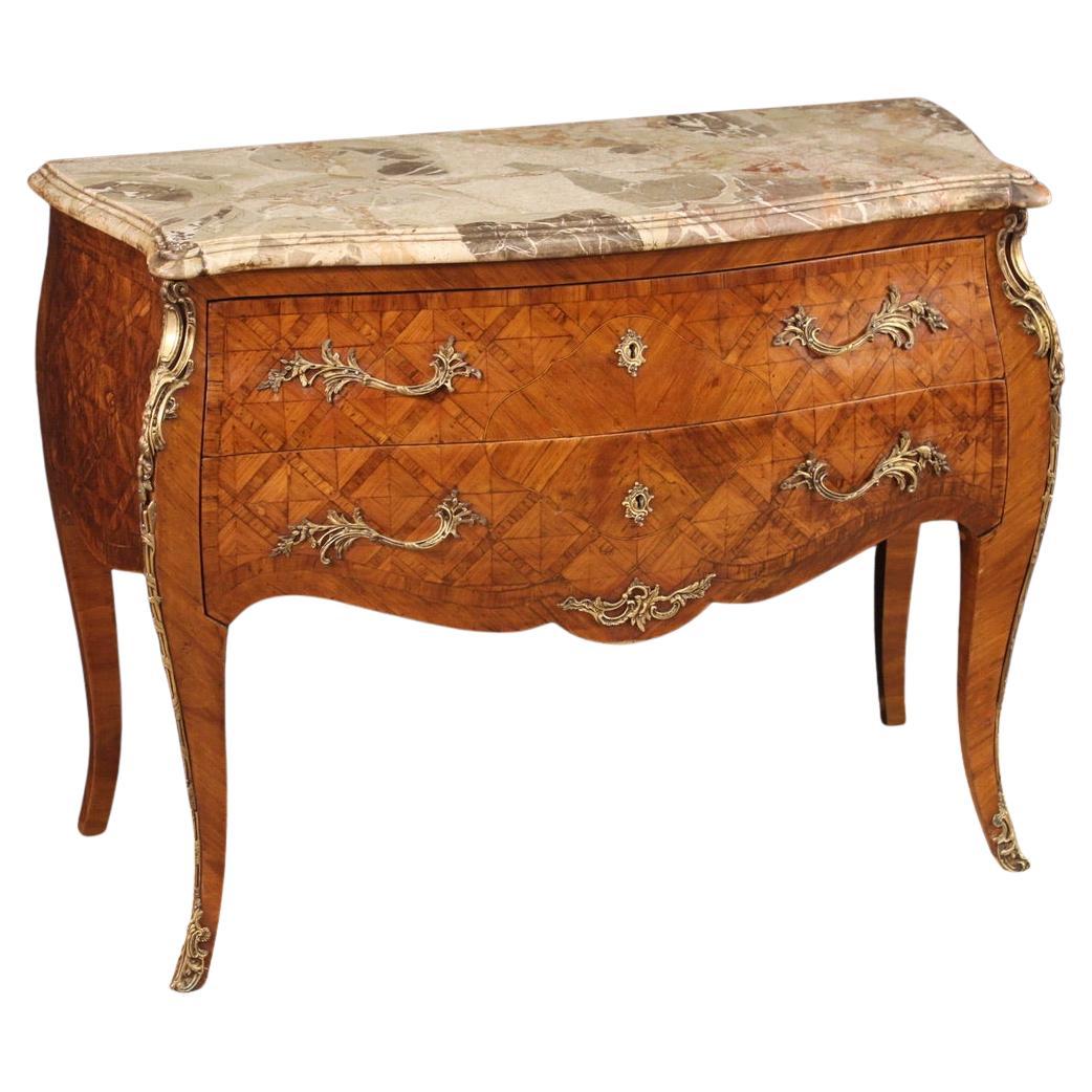 20th Century Inlaid Wood Marble Top French Louis XV Style Commode, 1920 en venta