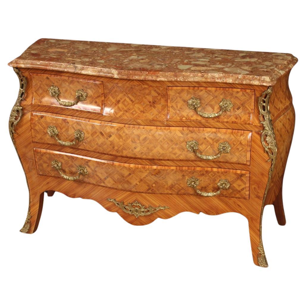 20th Century Inlaid Wood Marble Top French Louis XV Style Dresser, 1960s