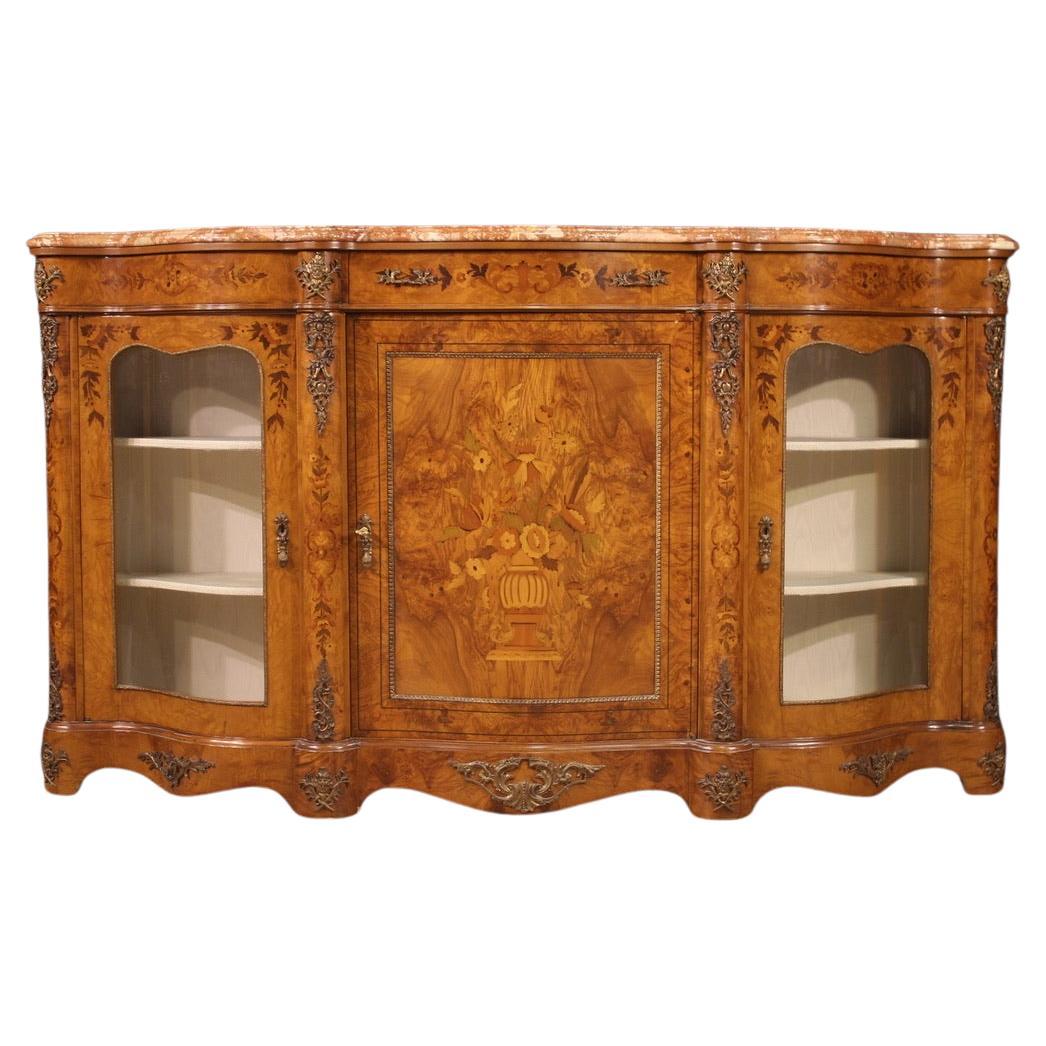20th Century Inlaid Wood Marble Top French Napoleon III Style Sideboard, 1960s For Sale