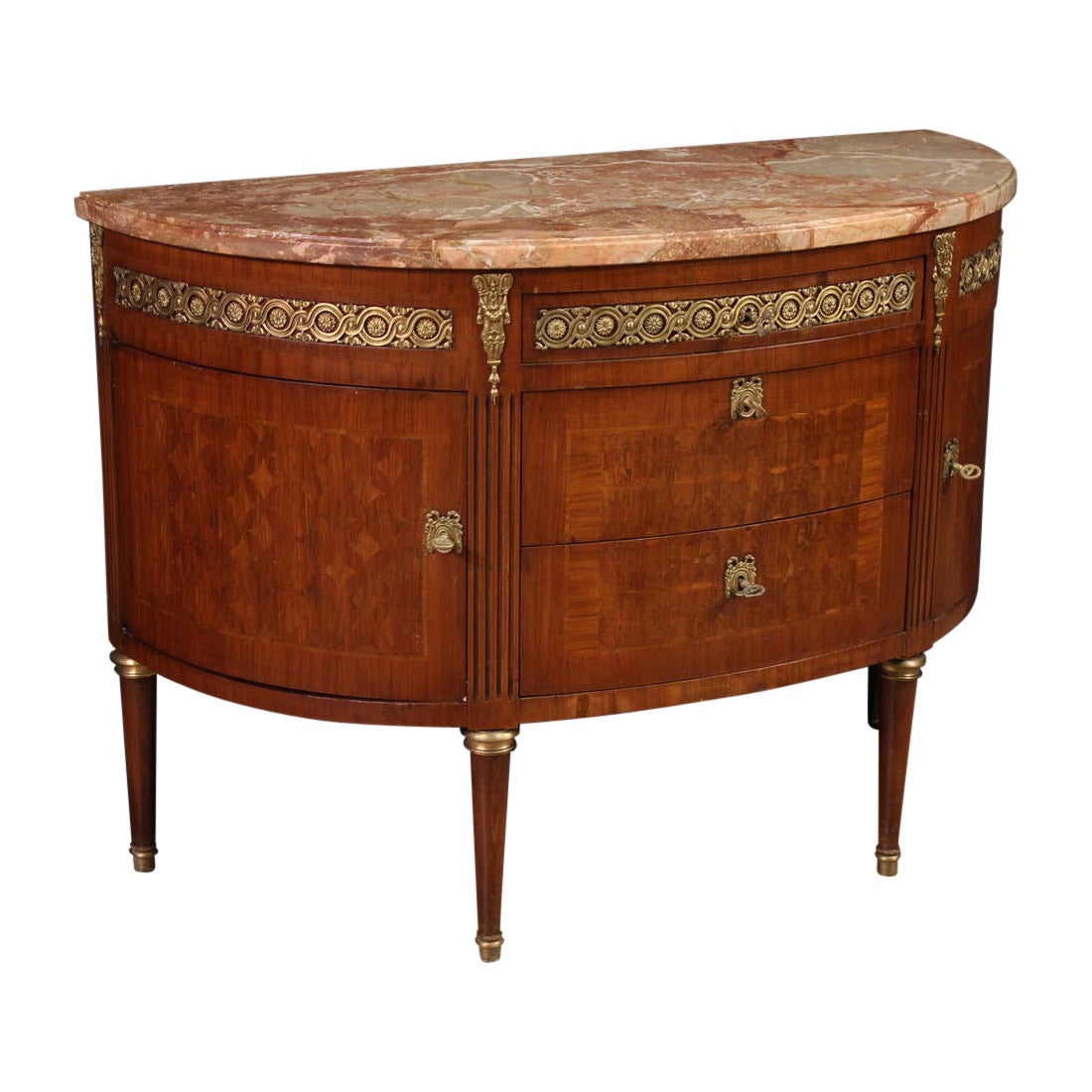 20. Jahrhundert Intarsienholz Marmorplatte Italienisch Louis XVI Stil Halbmond Kommode im Angebot