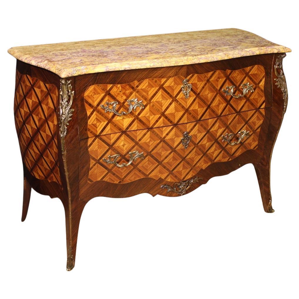 20th Century Inlaid Wood Marble Top Louis XV Style French Commode, 1950