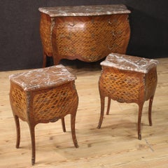 20th Century Inlaid Wood Marble Top Louis XV Style French Commode, 1960s