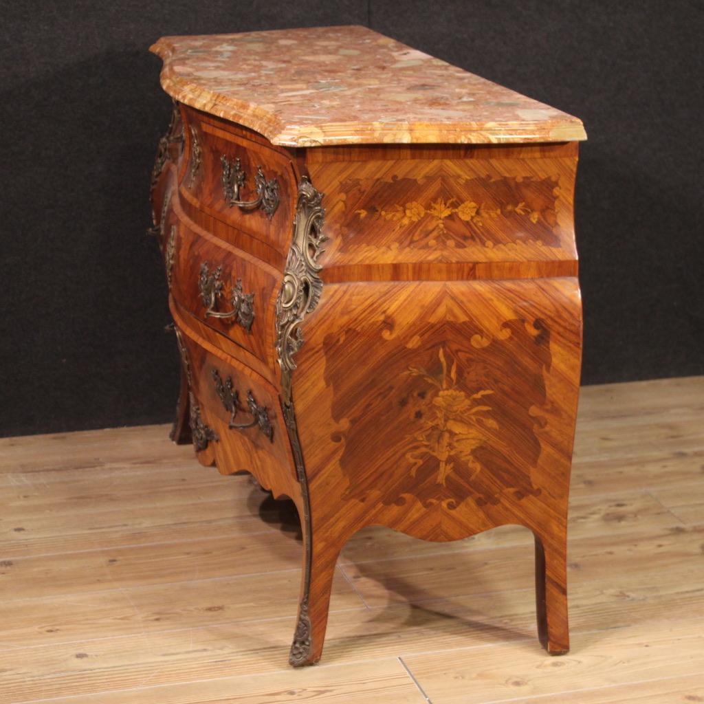 20th Century Inlaid Wood Marble Top Louis XV Style French Commode, 1960s For Sale 4