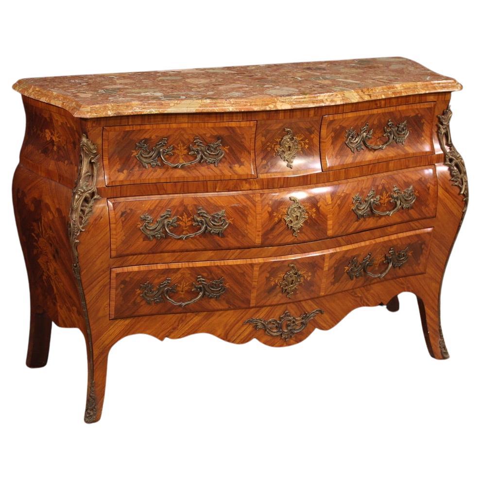 20th Century Inlaid Wood Marble Top Louis XV Style French Commode, 1960s