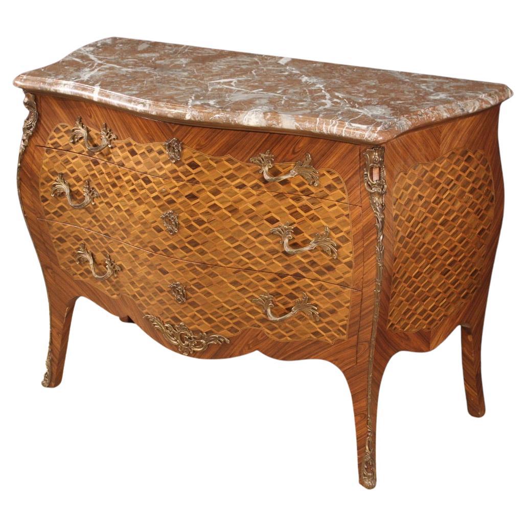 20th Century Inlaid Wood Marble Top Louis XV Style French Commode, 1960