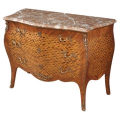 20th Century Inlaid Wood Marble Top Louis XV Style French Commode, 1960s