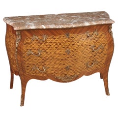 20th Century Inlaid Wood Marble Top Louis XV Style French Commode, 1960s