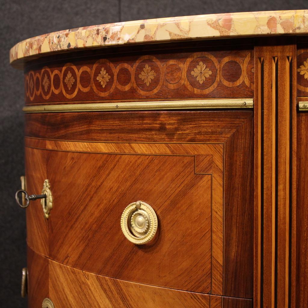 20th Century Inlaid Wood Marble Top Louis XVI Style Half Moon French Commode in vendita 5