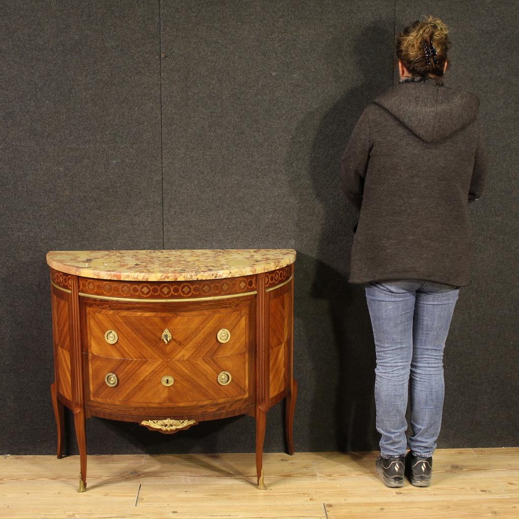 Luigi XVI 20th Century Inlaid Wood Marble Top Louis XVI Style Half Moon French Commode in vendita