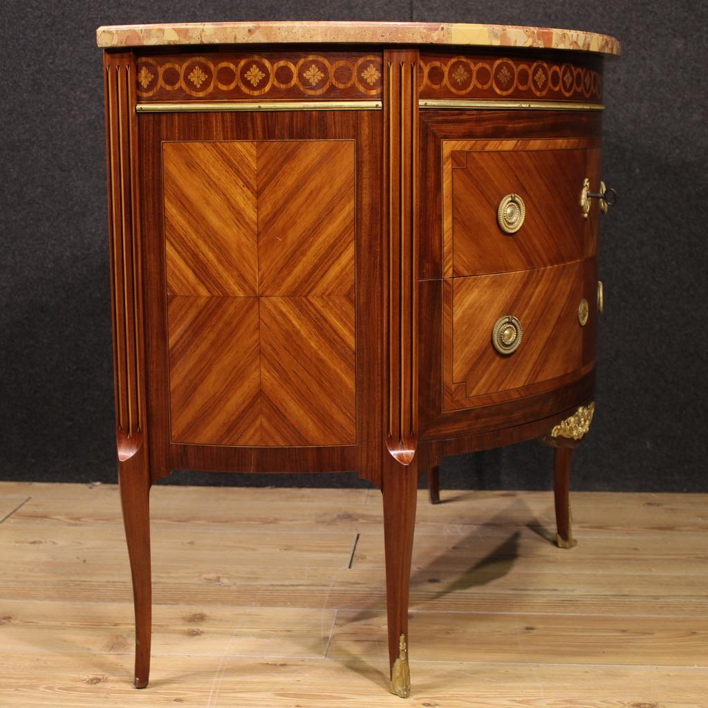 Francese 20th Century Inlaid Wood Marble Top Louis XVI Style Half Moon French Commode in vendita