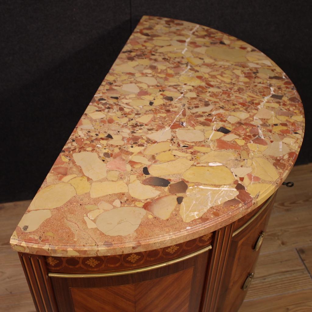 20th Century Inlaid Wood Marble Top Louis XVI Style Half Moon French Commode In condizioni buone in vendita a Vicoforte, Piedmont