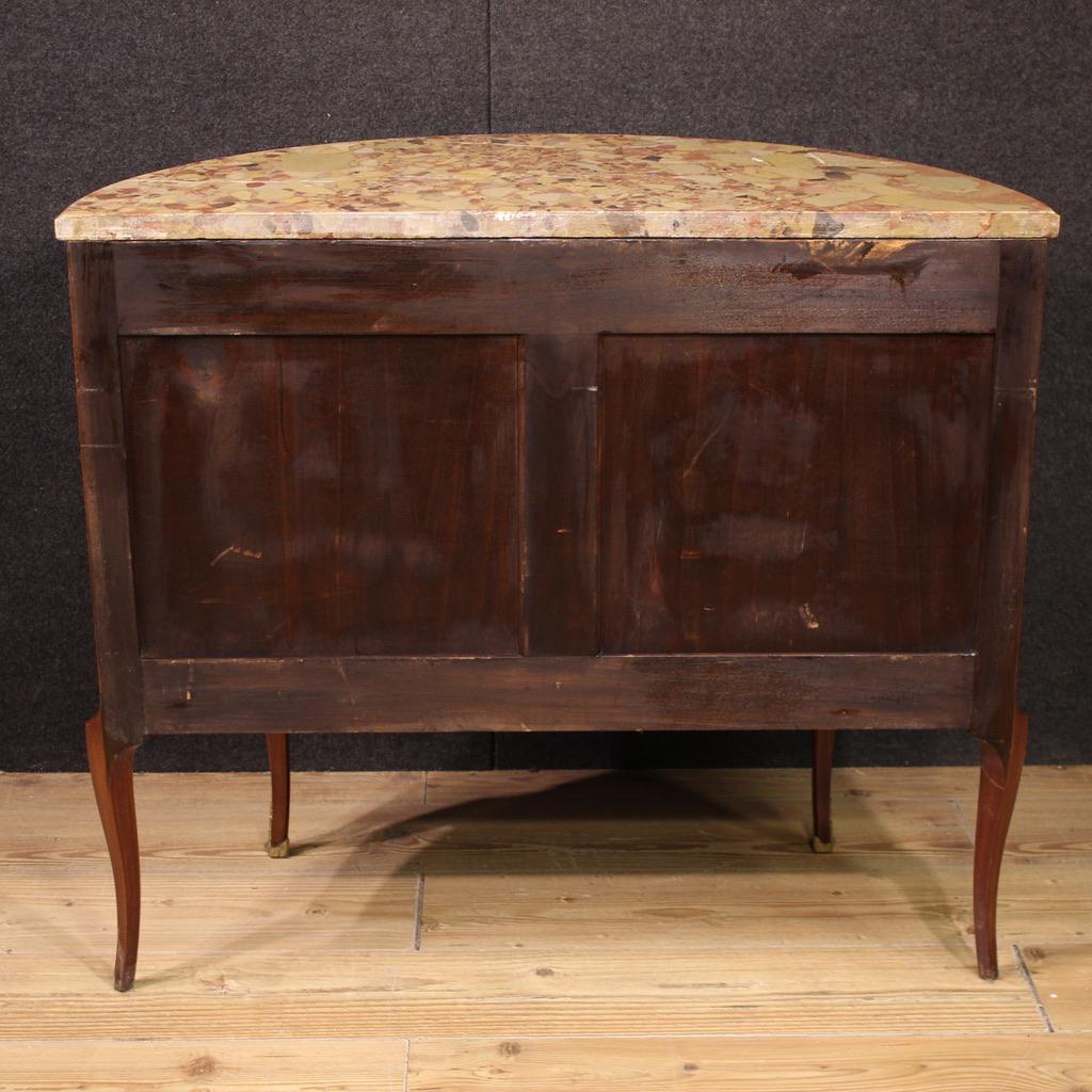 Inizio XX secolo 20th Century Inlaid Wood Marble Top Louis XVI Style Half Moon French Commode in vendita