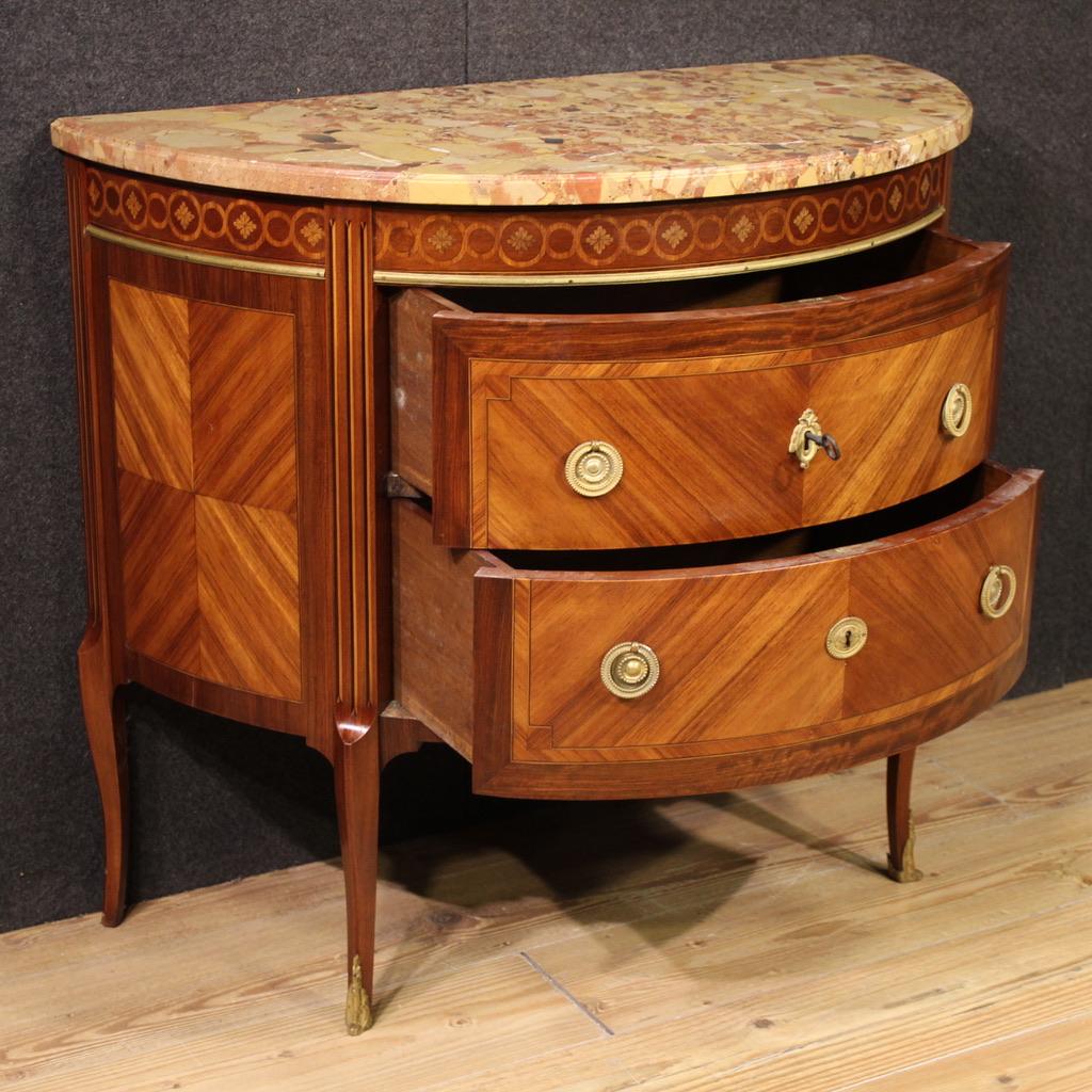 Marmo 20th Century Inlaid Wood Marble Top Louis XVI Style Half Moon French Commode in vendita
