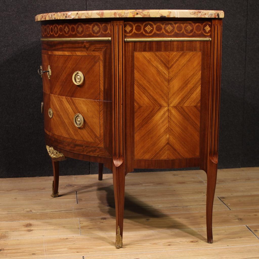 20th Century Inlaid Wood Marble Top Louis XVI Style Half Moon French Commode in vendita 1