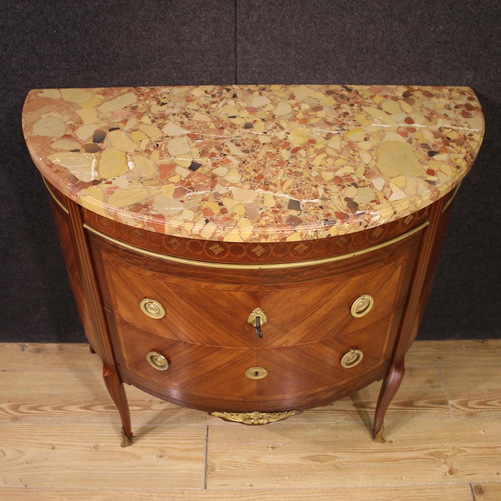 20th Century Inlaid Wood Marble Top Louis XVI Style Half Moon French Commode in vendita 2