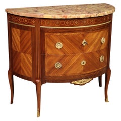 20th Century Inlaid Wood Marble Top Louis XVI Style Half Moon French Commode
