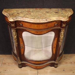 20th Century Inlaid Wood Marble Top Napoleon III Style Sideboard Vitrine, 1970