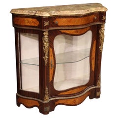 20th Century Inlaid Wood Marble Top Napoleon III Style Sideboard Vitrine, 1970