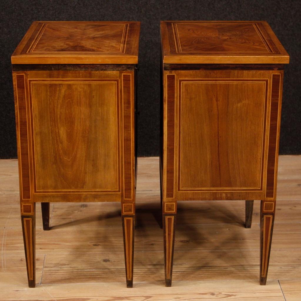 Pair of Italian bedside tables from 20th century. Louis XVI style furniture pleasantly inlaid in walnut, beech, maple, rosewood and palisander woods. Bedside tables of good proportion equipped with a drawer and a front door, of good capacity and