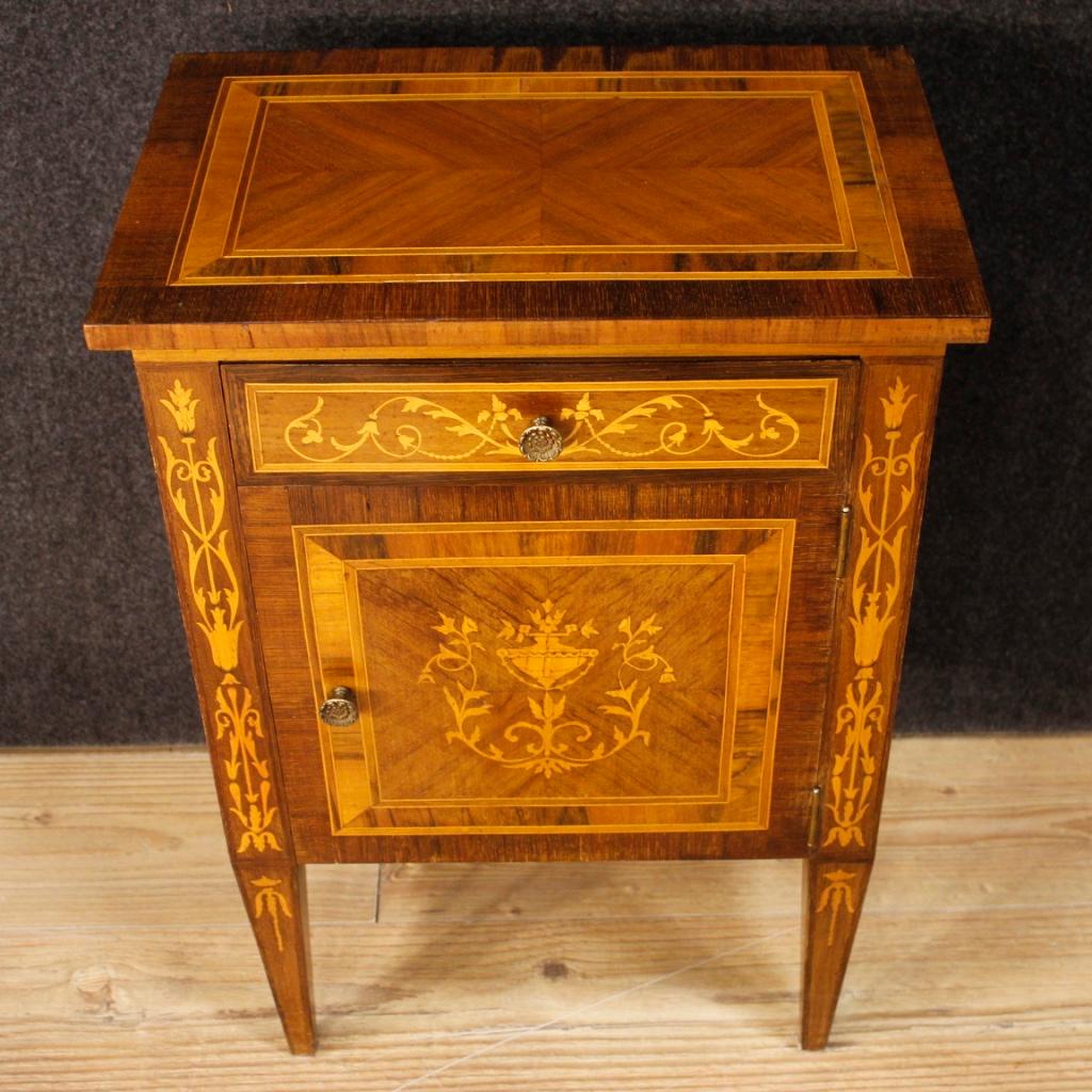 Rosewood 20th Century Inlaid Wood Pair of Italian Louis XVI Style Bedside Tables, 1960