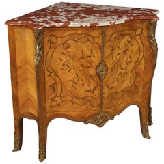 20th Century Inlaid Wood with Bronze and Marble Top French Corner Cabinet, 1960
