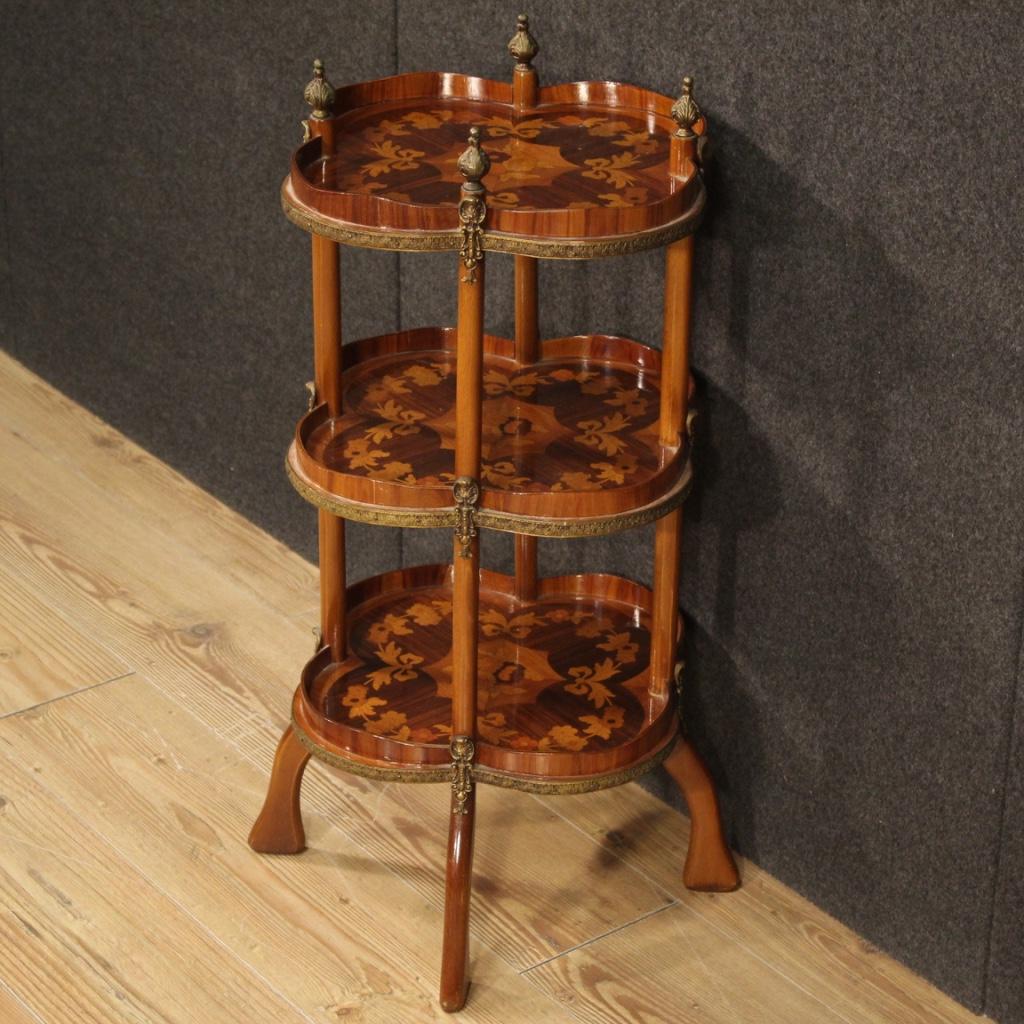 20th Century Inlaid Wood with Bronze French Side Table Etagere, 1970 In Good Condition In Vicoforte, Piedmont