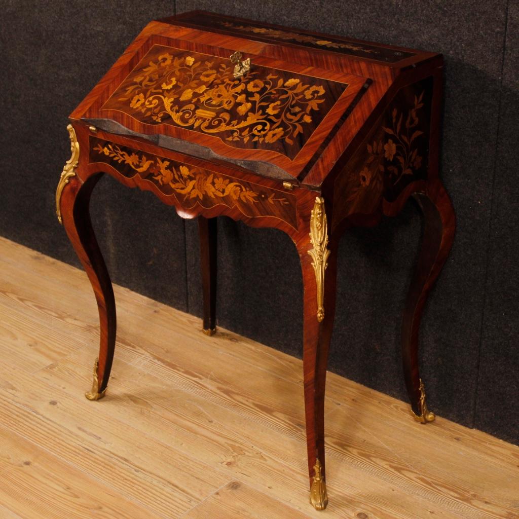 20th Century Inlaid Wood with Golden Bronzes French Bureau, 1920 In Fair Condition In Vicoforte, Piedmont