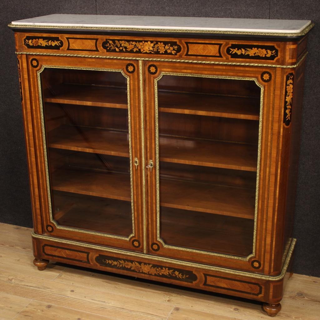 20th Century Inlaid Wood with Marble Top French Bookcase, 1920 In Good Condition In Vicoforte, Piedmont